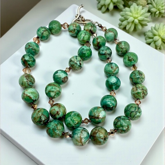 African Turquoise Jasper & Crystal Beaded Necklace w/ Silver Toggle Clasp 20” - Picture 17 of 17